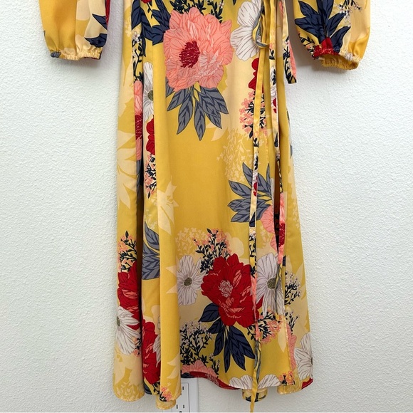Eliza J Wrap Midi Dress Floral Puff Sleeve Fall Yellow Red Blue Size 2P Petite - Picture 3 of 14